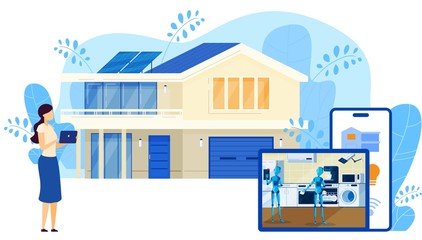 Smart home security connected and control technology system, devices through internet network, digital electronic cartoon vector illustration. Smart home building, robots control via internet.