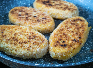 Appetizing fried cutlets fried in a pan. Cutlets breaded close-up. Gourmet food background.