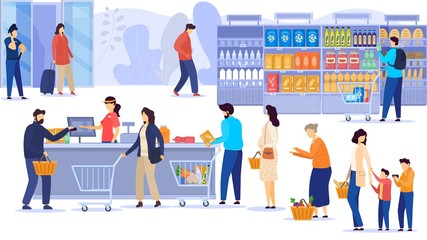 People in supermarket, line at cash desk, grocery store customers, vector illustration. Men and women buying food in shop, cartoon characters. Assortment of products, checkout queue, family and senior