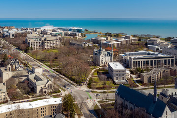 EVANSTON, IL - APRIL 3, 2020: On a normally busy school day, an aerial view shows the campus of...