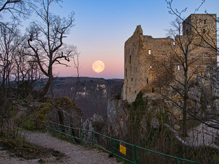 Supermoon above three and a ruin in the forground