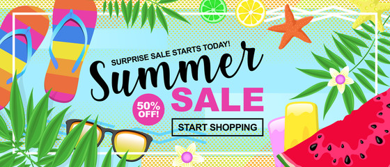 Summer Sale Banner with Tropical Objects like Sandals, Starfish, Sun Glasses, Palms, and Fruits - 336816721