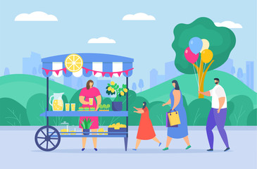 Family people at street food market in city park vector illustration. Cartoon flat characters enjoying streetfood at outdoor festival, buying fresh drink. Fair marketplace advertisement background