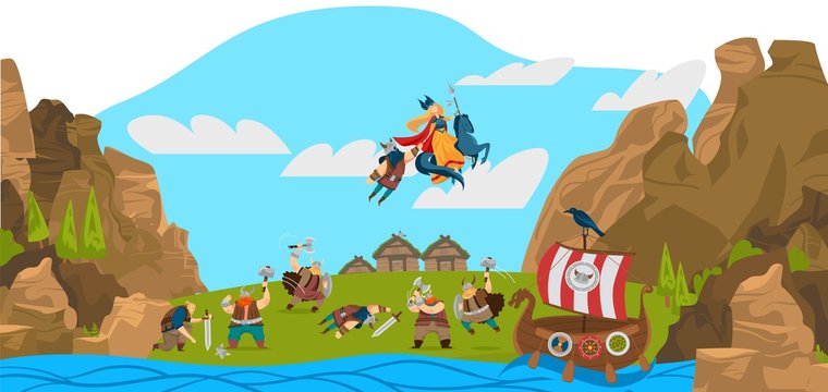 Vikings and scandinavian warriors, gods, landscape funny cartoon vector illustration from Scandinavia history, furious warrior and ancient god Thor. Vikings ship, men in helmet with hammers, swords.