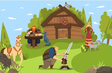 Vikings and scandinavian warriors family and house lifestyle cartoon vector illustration from Scandinavia history mythology comic art. Vikings men with swords, wife, home animals rural life.