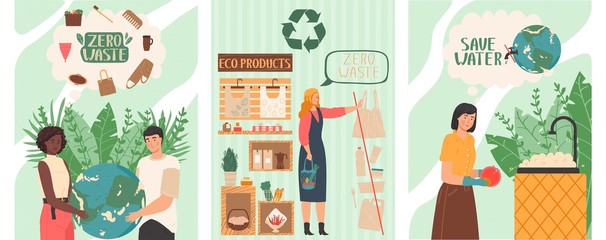 Zero waste lifestyle, people save planet by refusing to buy plastic products, vector illustration. Man and woman environment activist, set of banners. Earth protection, consumption choice awareness