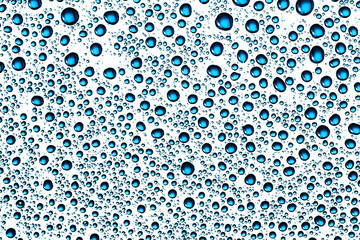 Water drops background. Wet glass surface texture. Bubble dew pattern. Transparent window blue...