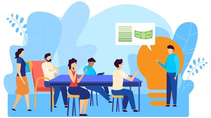 Electricity saving and smart home buisness educational training people, saving resources cartoon vector illustration isolated on white. Energy and simple electric bulb, people learn smart home.