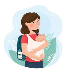 Mom with a baby in a sling and a backpack. Traveling with the baby. Vector illustration.