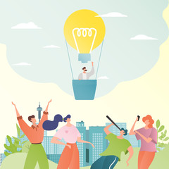 Fototapeta na wymiar Business idea vector illustration. Business people look at light bulb as hot air ballon. Businessman character with telescope. Success, creative solution and innovation concept. Brainstorming process.