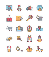 container and fast delivery icon set, line and fill style