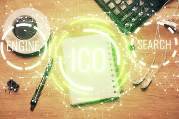 Multi exposure of crypto theme drawing and work table top veiw. Concept of blockchain technology in business.