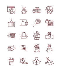 container and fast delivery icon set, line style