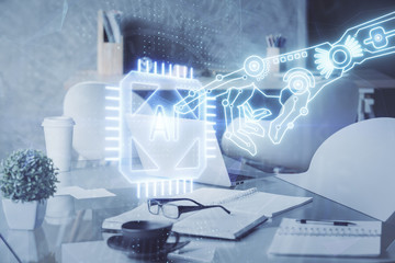 Double exposure of data theme drawing and office interior background. Concept of technology.