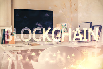 Double exposure of crypto technology theme drawing and office interior background. Concept of blockchain.