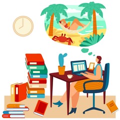 Fototapeta premium Woman work laptop but dream about beach, tropical travel, female lying hammock, ocean shore, isolated on white, flat vector illustration. Stack of book, desk, clock on wall. Web design.