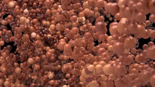 Aerated milk chocolate cocoa Bubble Burst - foaming balls balloons explosion. Brown foam spheres in slow motion macro isolated on black. Alpha matte 60 fps 4k