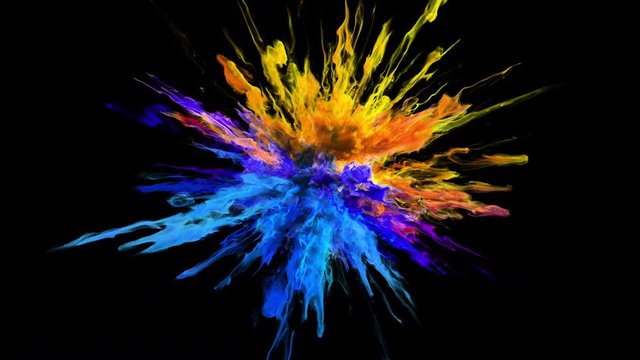 Color Burst - colorful blue orange smoke powder explosion. Fluid yellow purple ink particles in slow motion. Alpha matte isolated on black 60 fps