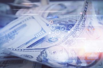 Double exposure of data theme drawing over us dollars bill background. Technology concept.