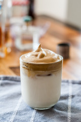 Home made delicious dalgona coffee made in the kitchen using basic ingredients found in everyone's...