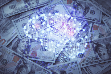 Double exposure of brain drawing over us dollars bill background. Technology concept.