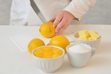 Lemon, eggs, butter and sugar