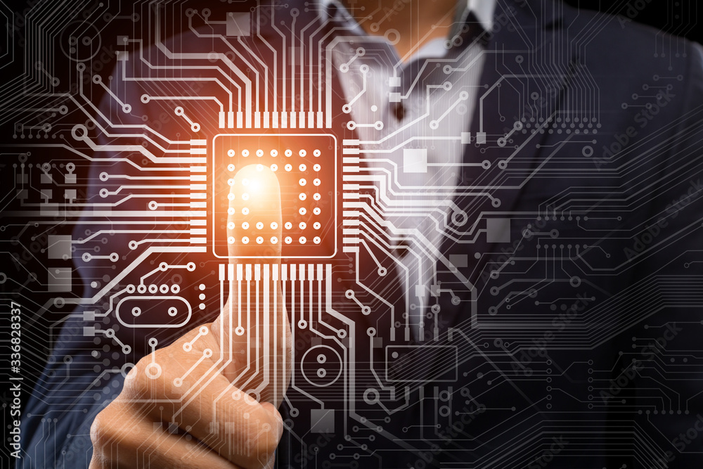 Poster Advanced technologies. Businessman pushing shiny central processing unit on virtual motherboard, collage