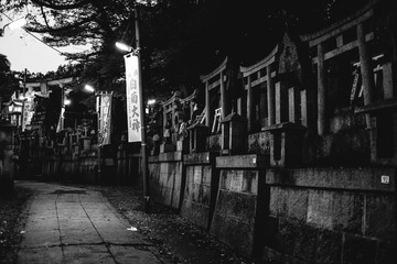 Fox (kitsune) stone statues, torii gates (wood and stone) at sanctuary in Fushimi Inari taisha shrine, Kyoto (in black and white)