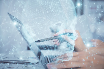 Multi exposure of woman hands working on computer and brain hologram drawing. Ai concept.
