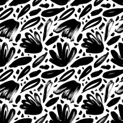 Brush black loose leaves and flowers vector seamless pattern. Hand drawn black paint ink illustration with abstract floral motif.