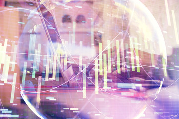 Double exposure of woman hands typing on computer and business theme hologram drawing. Success concept.