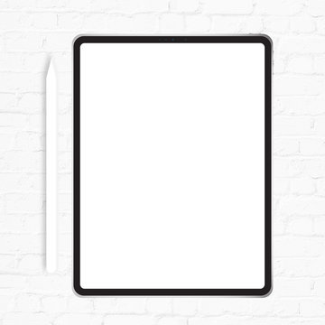 Tablet pro and pencil vector mockup isolated on background. Can be used to identify your needs.