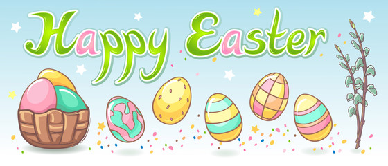 Colorful greeting Happy Easter set with lettering, eggs, willow. The vector file is organized in layers for easy editing.