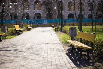 Fototapeta na wymiar Outdoor furniture wooden bench in Kiev in Ukraine