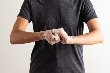 Woman's hand showing 6-steps of lathering and washing hands of antiseptic method to prevent COVID-19 spread