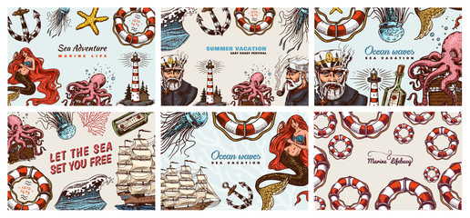 Nautical Posters set. Sea banners or backgrounds. Lighthouse, mermaid and marine captain, octopus and shipping sail, old sailor, ocean waves, seaman and lifebuoy. Hand drawn engraved old sketch. © artbalitskiy