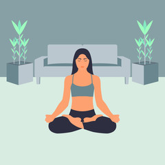 mujer haciendo yoga, chica joven meditando, meditación