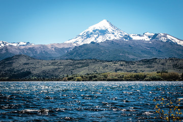 Huechulafquen Lake, Patagonia Argentina, trout Fly fishing tour, with Lanin Volcano in the...