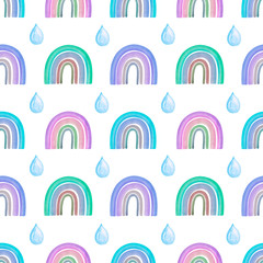 Watercolor seamless pattern with blue rainbows and raindrops