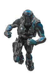 astronaut in black exo suit exploring around