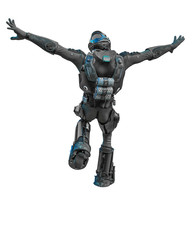 astronaut in black exo suit exploring around