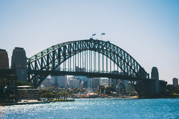 amazing landscape of Sydney Harbor Bridge at sunset and blue sky 