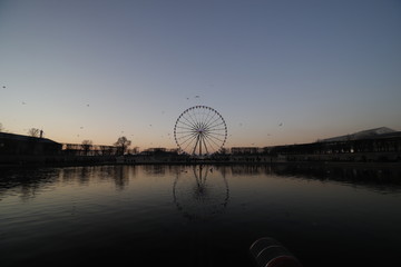 Sunset and reflections in the Tuileries garden, Paris