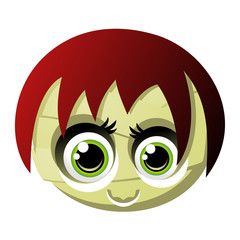 Vector drawing of a cute mummy emoticon with big green eyes, a smile and red hair. Can represent Halloween, horror movies, the Egyptian culture, spooky stories, a zombie or October.