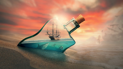 ship in a bottle in the water at sunset