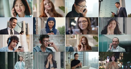 Collage of portraits of culturally diverse people using their smatphones, calling someone or browsing internet - globalization, diversity, communication concept 4k footage - Powered by Adobe