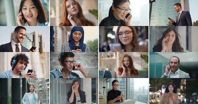 Collage of portraits of culturally diverse people using their smatphones, calling someone or browsing internet - globalization, diversity, communication concept 4k footage