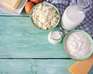 dairy products on wooden surface