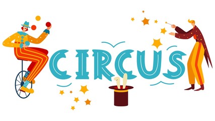 Character juggler, clown on bicycle, wizard, rabbit out hat, isolated on white, flat vector illustration. Design banner for website, ticket. Entertainment circus show, promotional invitation card. © Seahorsevector