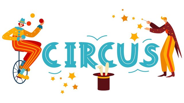 Character juggler, clown on bicycle, wizard, rabbit out hat, isolated on white, flat vector illustration. Design banner for website, ticket. Entertainment circus show, promotional invitation card.